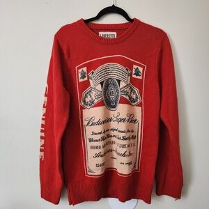 Lancaster Budweiser Christmas Print Sweater Men's M Red Crew Neck Long Sleeve